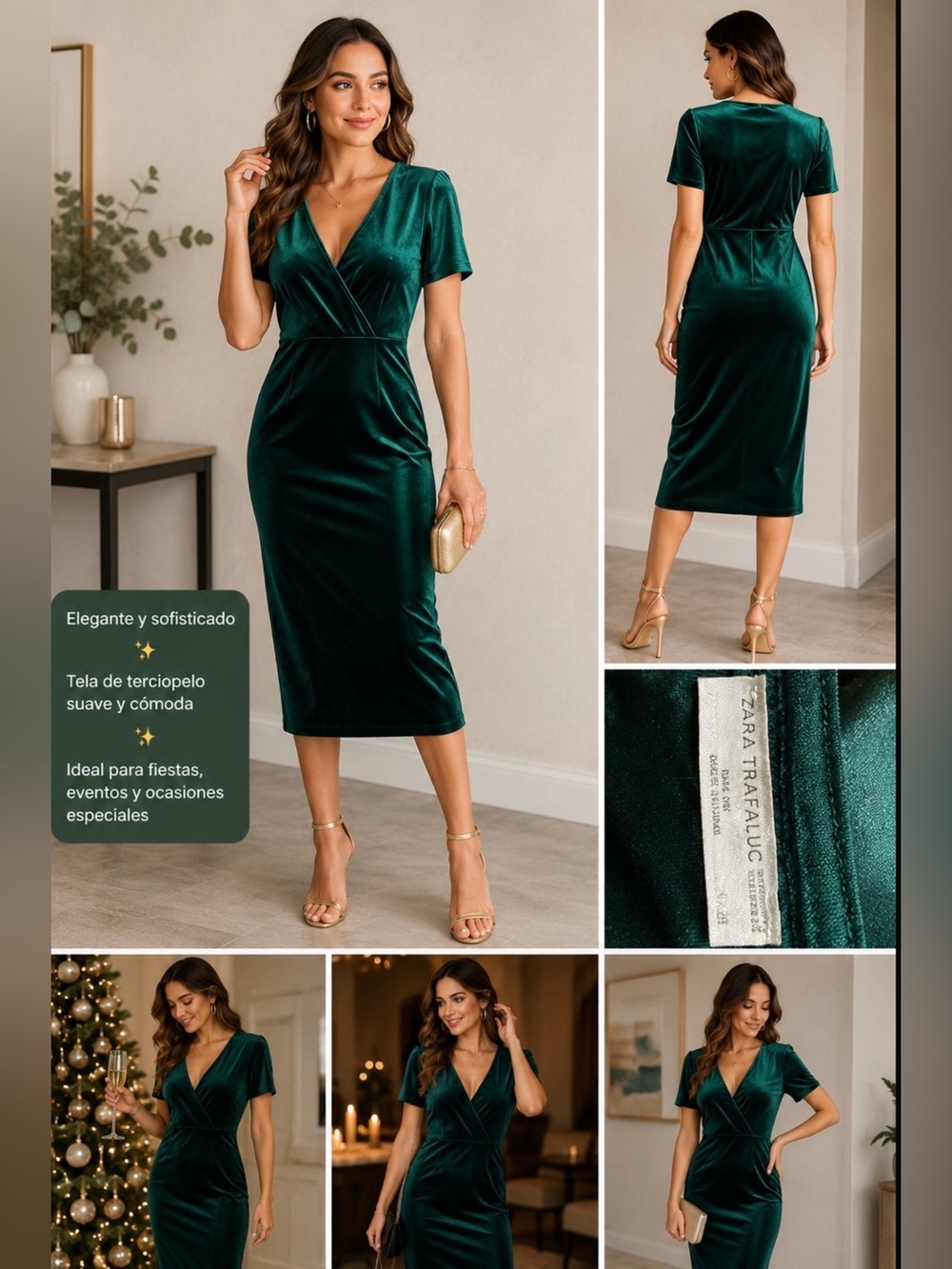 Zara Trafaluc Emerald Green Velvet Midi Dress Short Sleeve